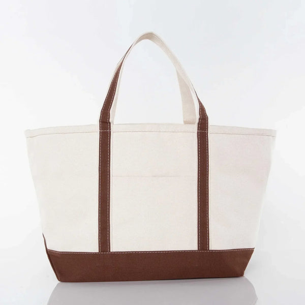Canvas tote bag with brown trim and handles, reusable shopping or accessory bag