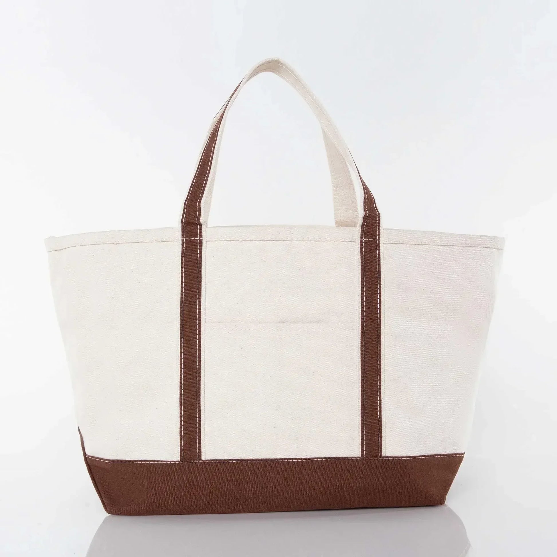Canvas tote bag with brown trim and handles, reusable shopping or accessory bag
