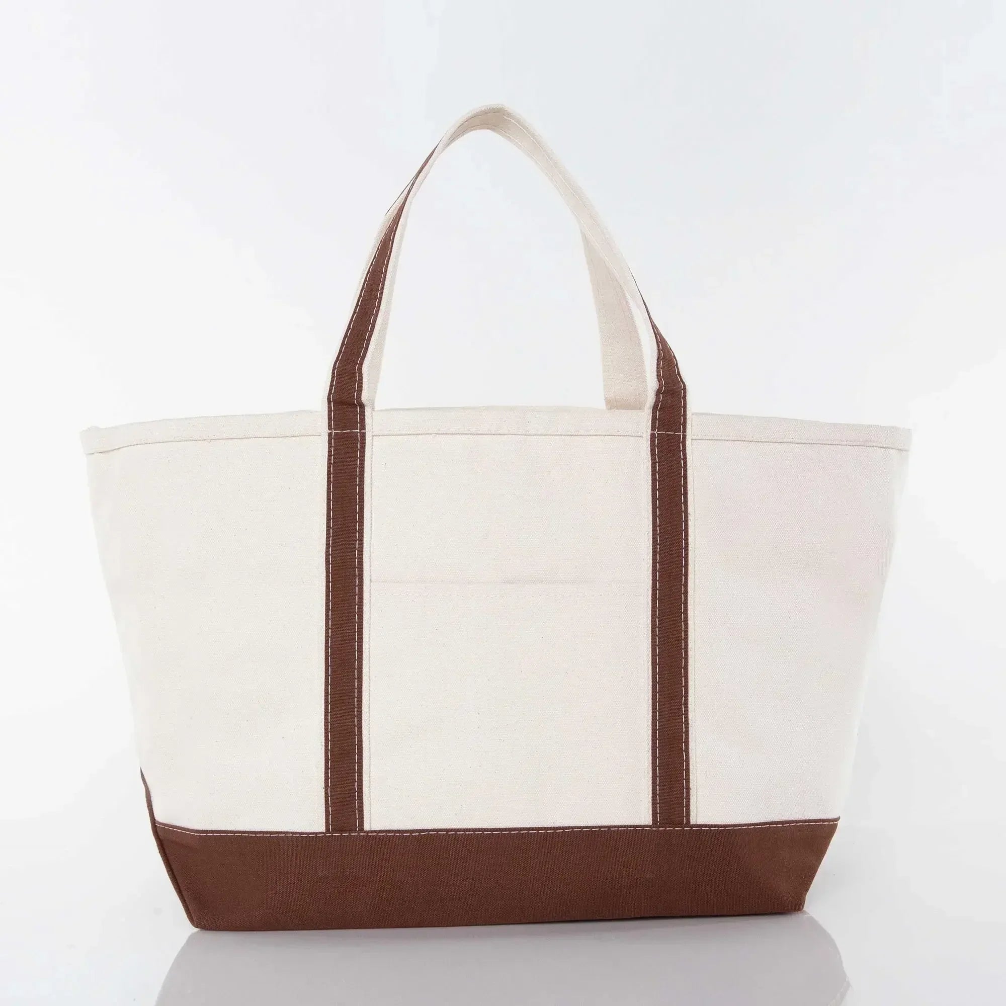 Canvas tote bag with brown trim and handles, reusable shopping or accessory bag