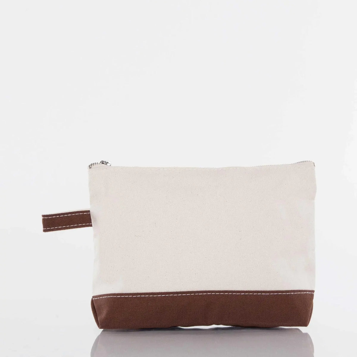 Canvas zippered pouch with brown base and handle on white background