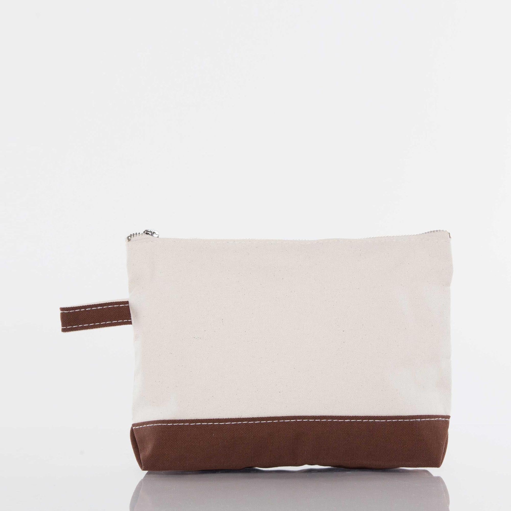 Canvas zipper pouch with brown base and handle, minimalist cosmetic or accessory bag