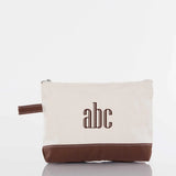 Beige and brown canvas pouch with zipper and custom abc monogram, personalized gift bag