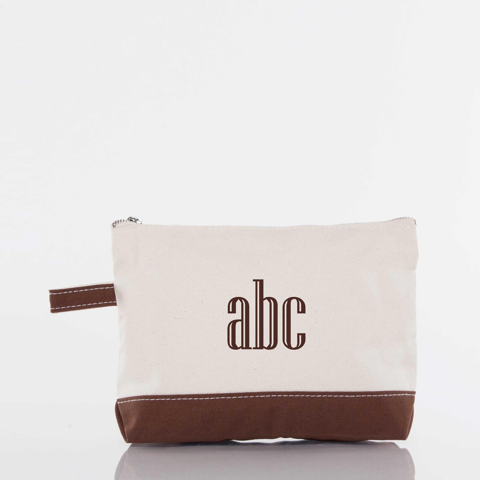 Monogrammed canvas zipper pouch with brown bottom and initials abc, personalized accessory bag