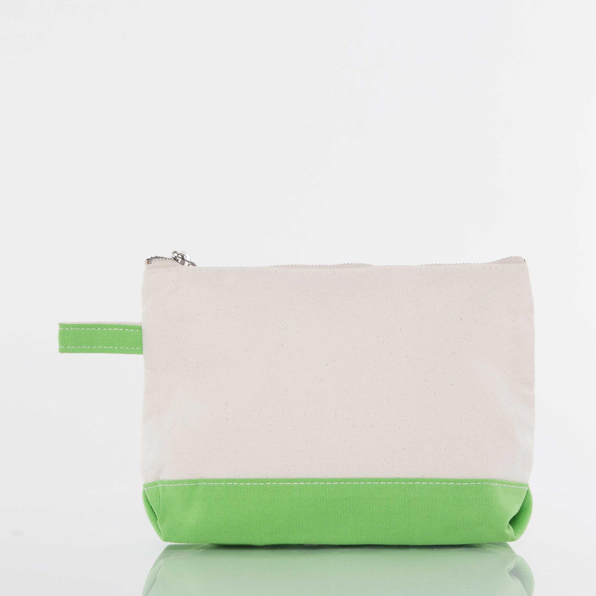 Canvas zippered pouch with green bottom and handle, perfect for custom embroidery gifts.