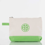 Personalized monogram canvas zipper pouch with green trim and initials AB