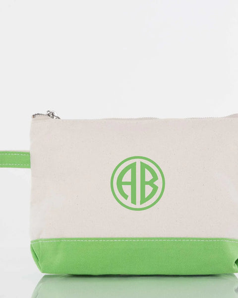 Personalized monogram canvas zipper pouch with green trim and initials AB