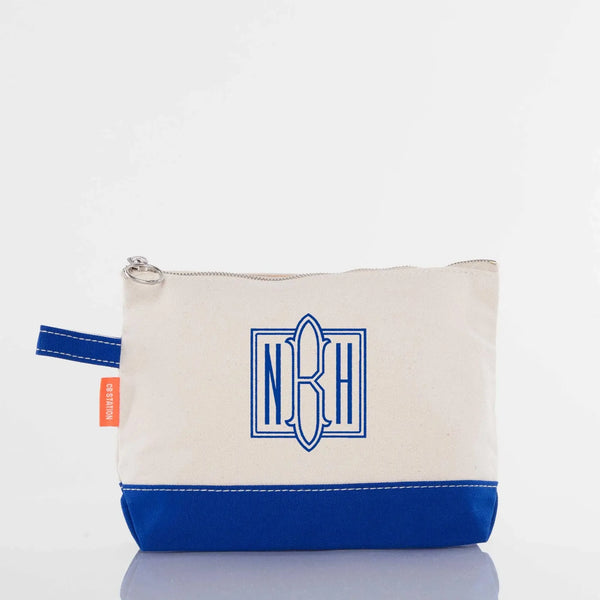 Personalized canvas pouch with blue monogram and blue bottom accent, zippered top