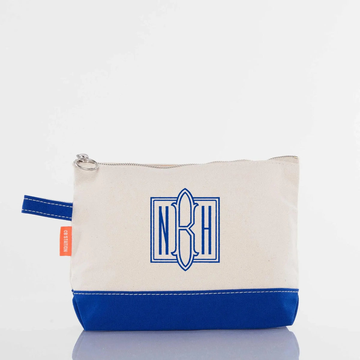 Canvas cosmetic bag with blue monogram and blue accent, personalized zippered pouch