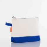 Canvas zippered pouch with blue bottom accent and stitched detail, side view