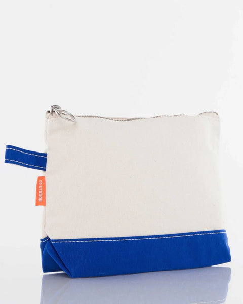 Canvas zippered pouch with blue bottom accent and stitched detail, side view