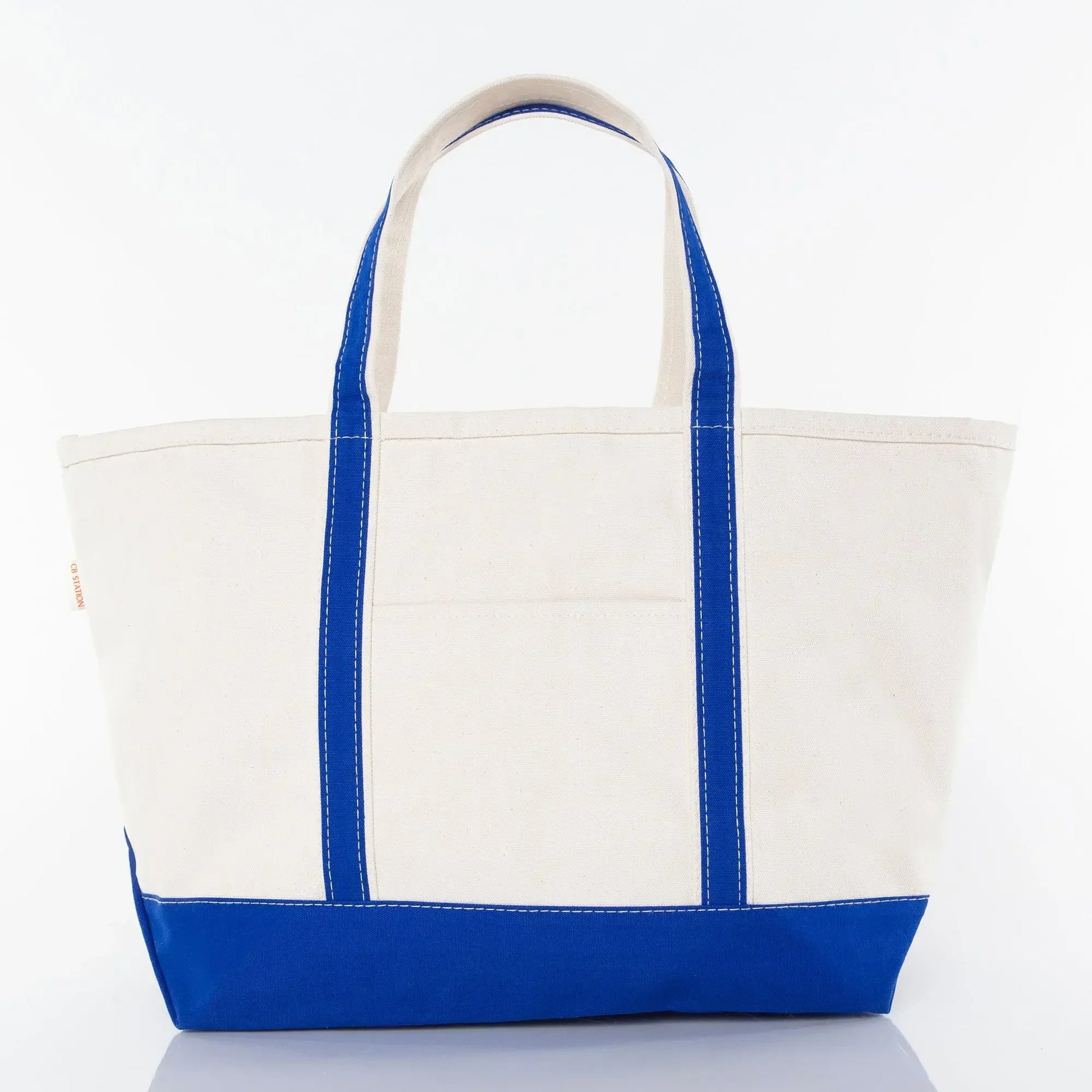 Canvas tote bag with blue straps and trim, ideal for personalized embroidery gifts