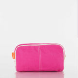 Bright pink canvas zippered pouch with white trim on a white background