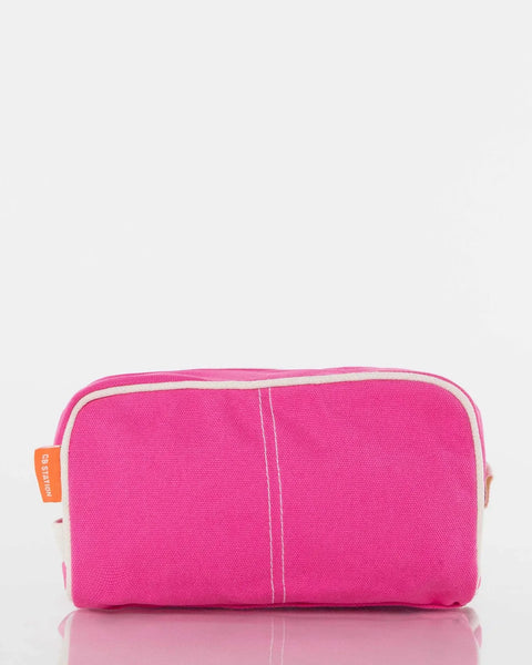 Bright pink canvas zippered pouch with white trim on a white background