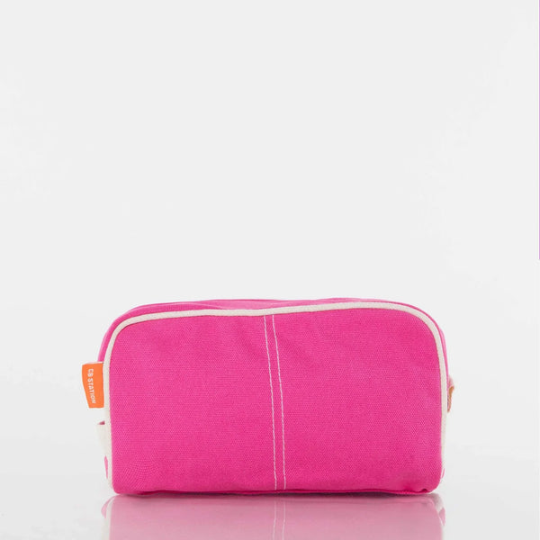 Bright pink canvas zippered pouch with white trim on a white background