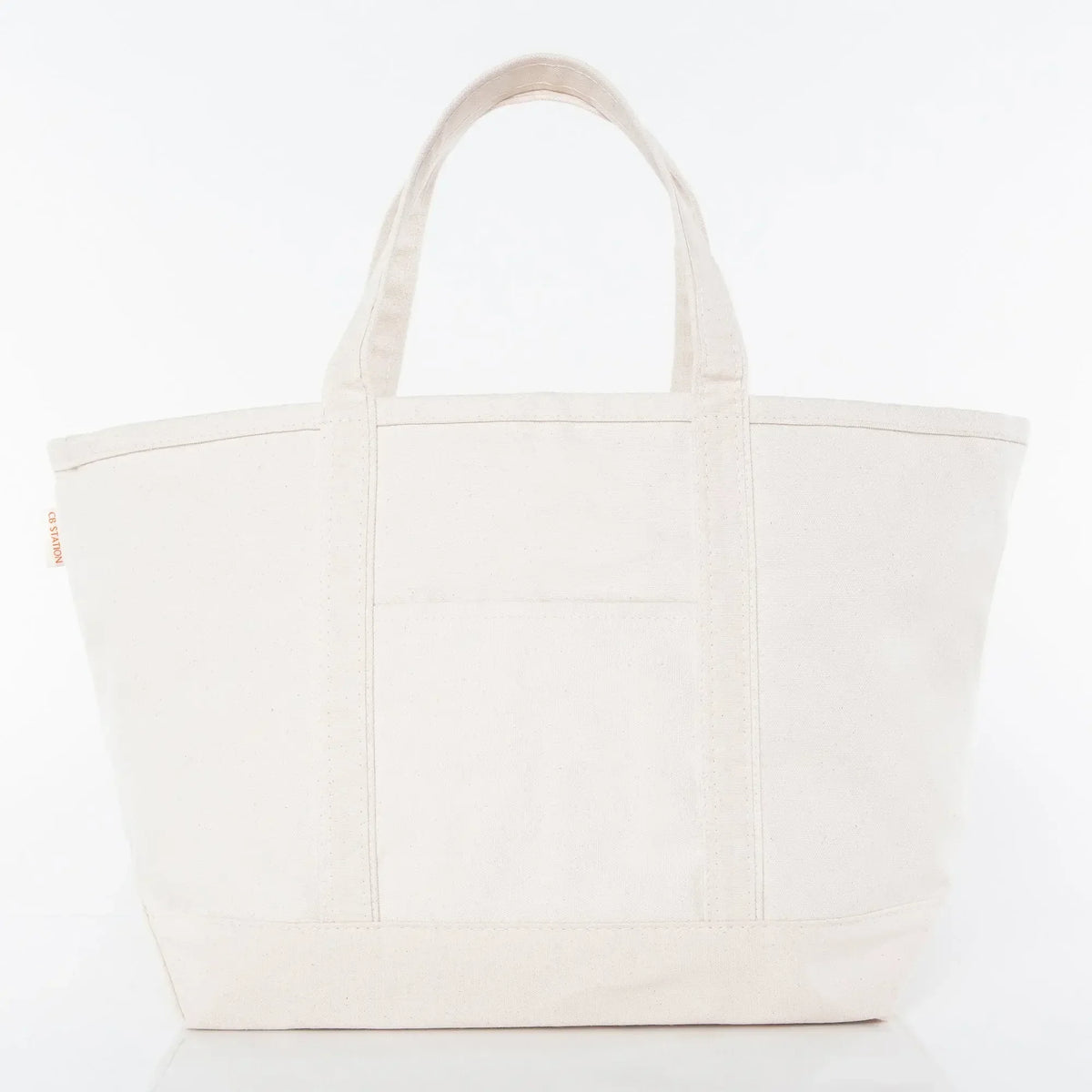 Large plain canvas tote bag with front pocket and two handles, ideal for custom embroidery.