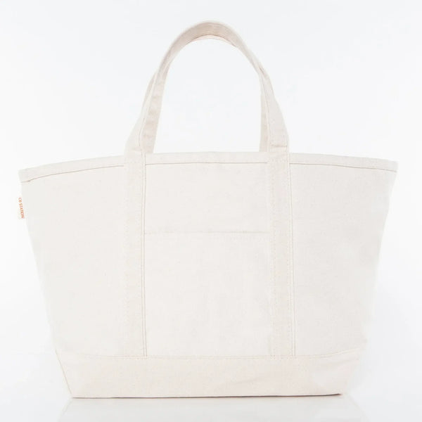 Large plain canvas tote bag with front pocket and two handles, ideal for custom embroidery.
