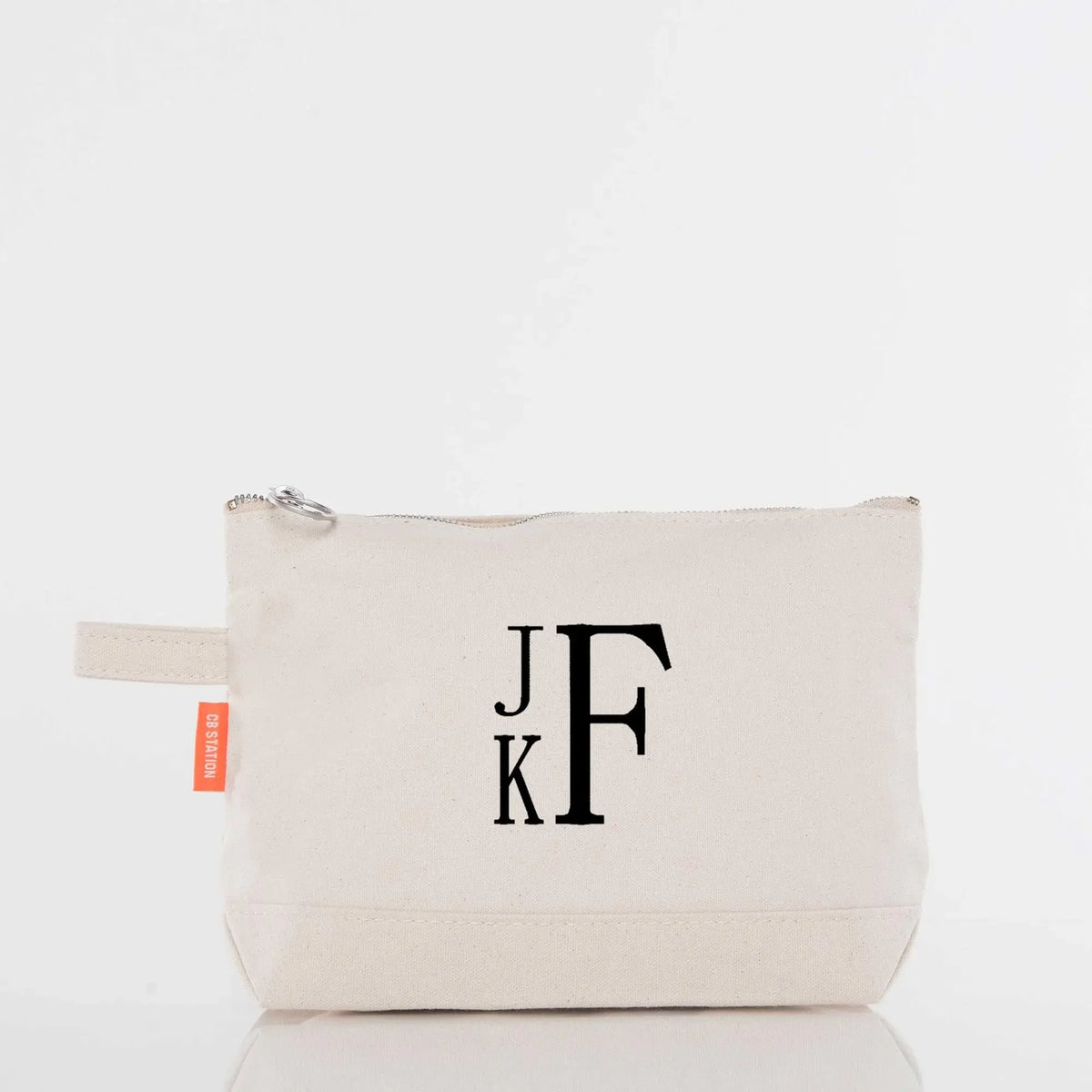 Personalized canvas pouch with monogram initials and zipper, custom embroidered gift bag