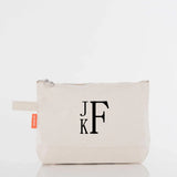 Personalized canvas pouch with monogram initials and zipper, custom embroidered gift bag