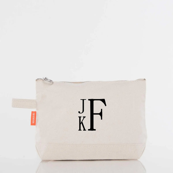 Personalized canvas pouch with monogram initials and zipper, custom embroidered gift bag