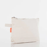 Natural canvas zippered pouch with side loop and orange tag, blank and ready for embroidery