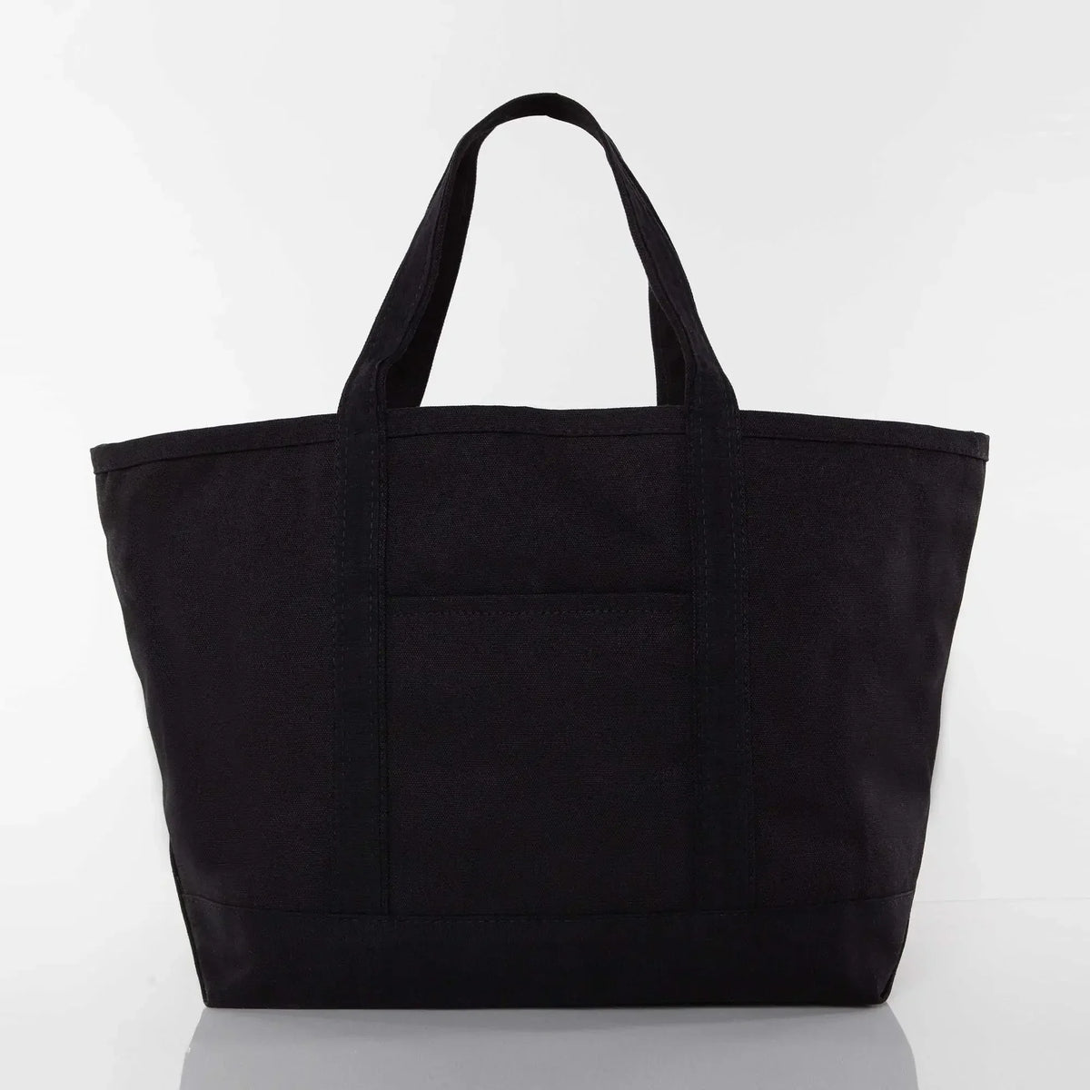 Black canvas tote bag with short handles and front pocket on white background