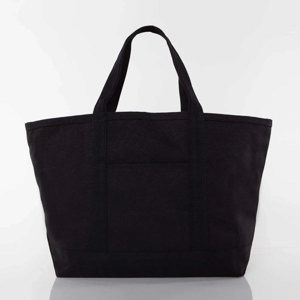 Black canvas tote bag with short handles and front pocket on white background