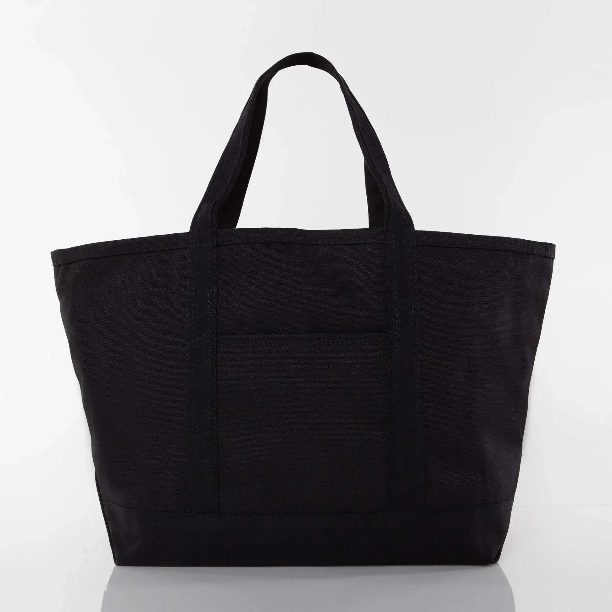 Black canvas tote bag with short handles and front pocket on white background