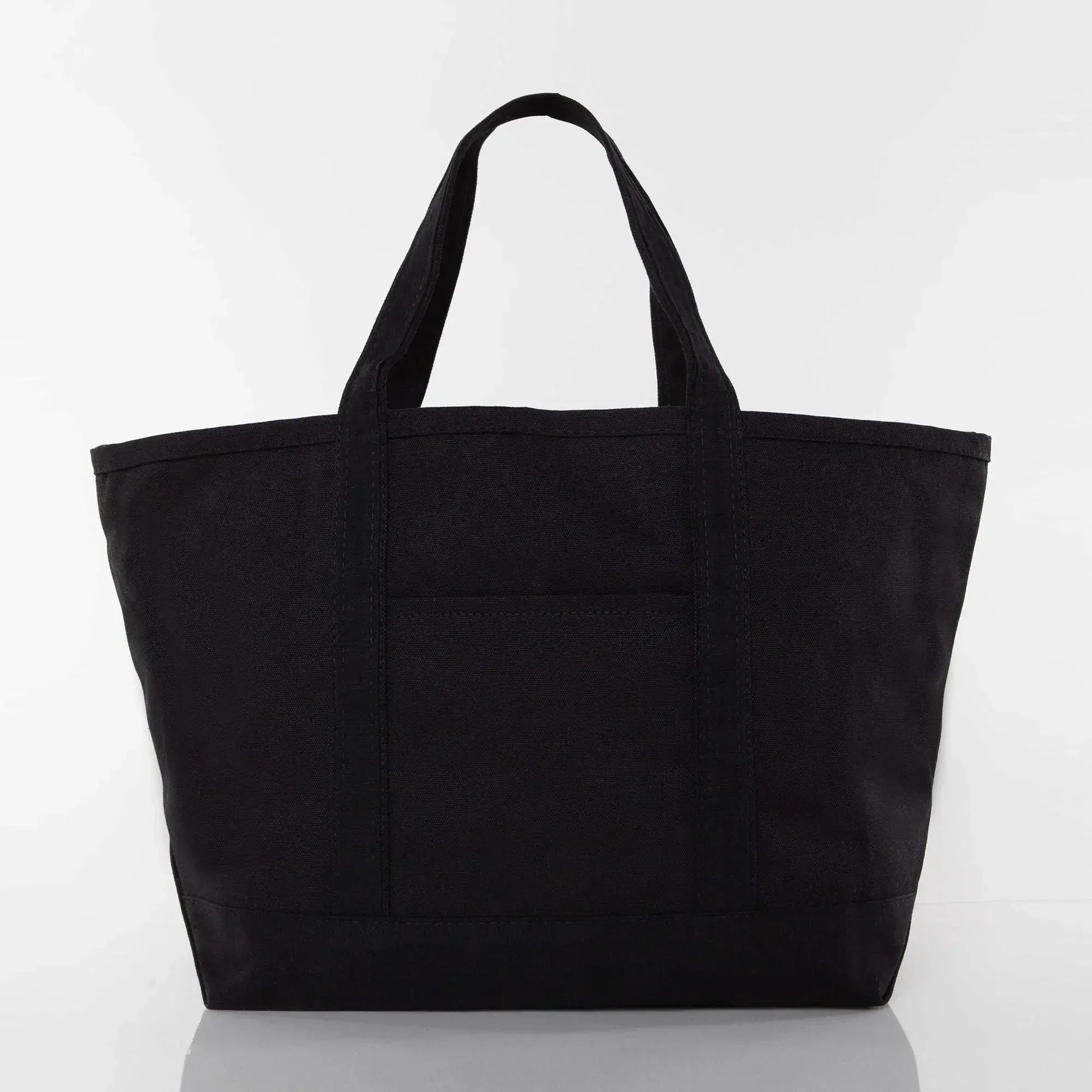 Black canvas tote bag with short handles and front pocket on white background