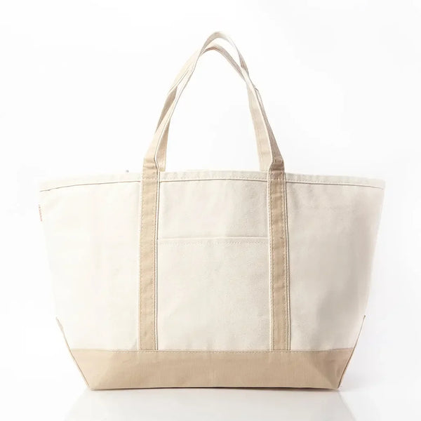 Large canvas tote bag with front pocket and beige bottom, blank for custom embroidery.