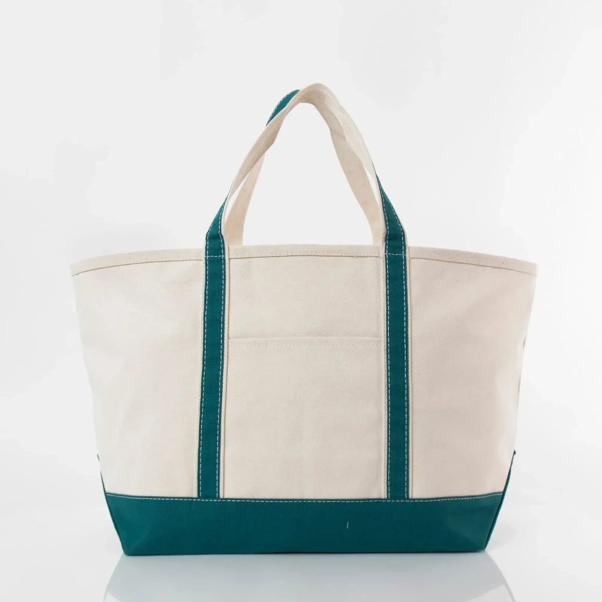 Large canvas tote bag with teal handles and bottom, front pocket, isolated on white