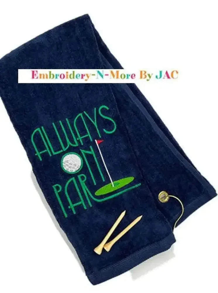  Navy tri-fold golf towel with 'Always On Par' embroidery, golf tees, and clip attachment.