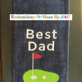 Embroidered golf towel with 'Best Dad By Par' text and golf green design, gift for dads