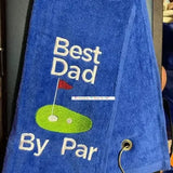 Blue tri-fold golf towel with 'Best Dad By Par' embroidered text and golf green design.