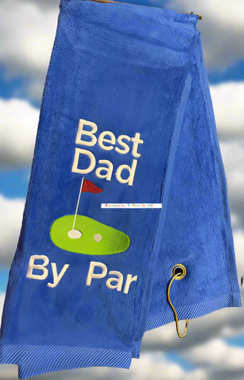 Best Dad By Par - Royal Blue Tri - Fold Golf Towel - Embroidery - N - More By JAC