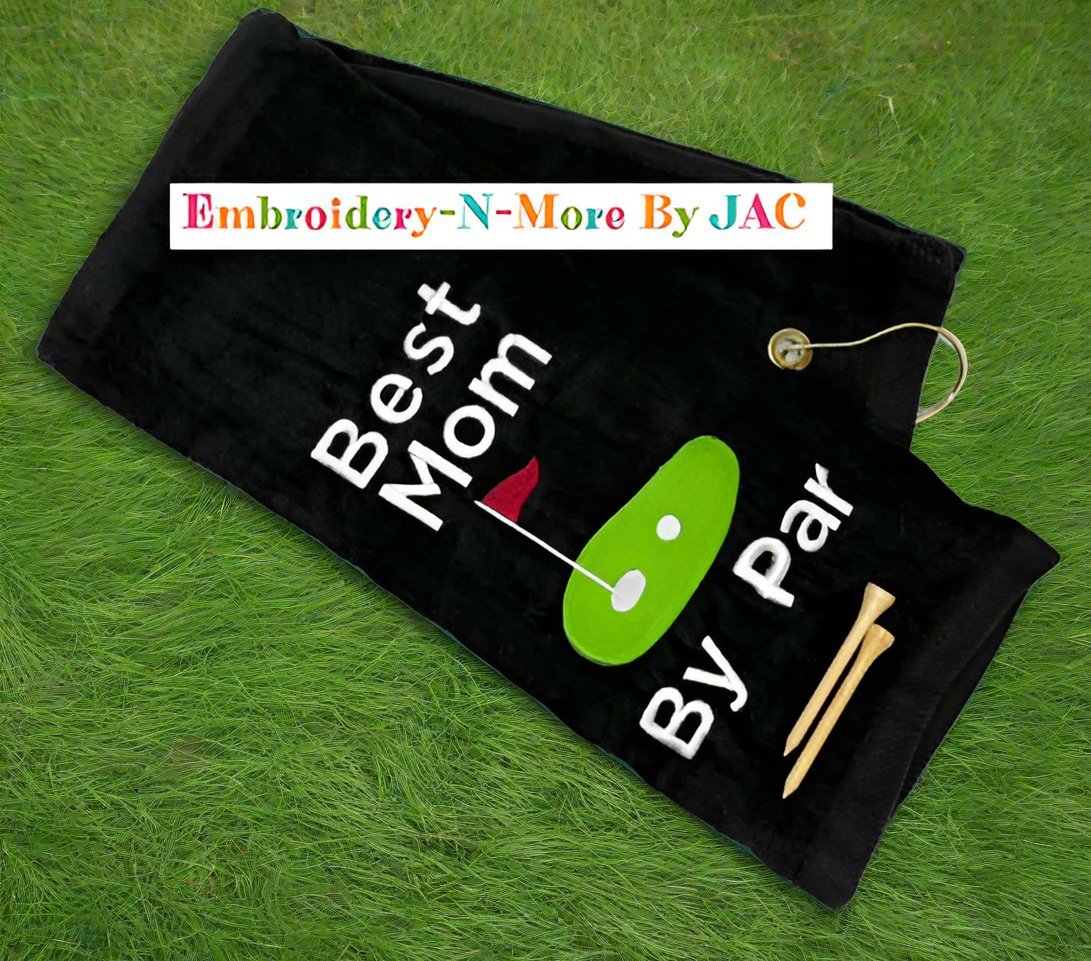 Best Mom By Par - Black Tri - Fold Golf Towel - Embroidery - N - More By JAC
