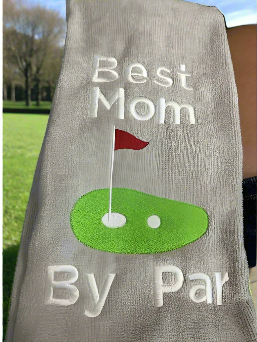 Best Mom By Par - Silver Gray Tri - Fold Golf Towel - Embroidery - N - More By JAC
