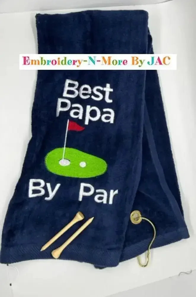 Navy blue embroidered golf towel with 'Best Papa By Par' text, golf green, tees, and hook