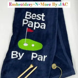 Navy blue embroidered golf towel with 'Best Papa By Par' text, golf green, tees, and hook