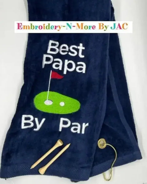Navy blue embroidered golf towel with 'Best Papa By Par' text, golf green, tees, and hook