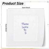 White cocktail napkin with embroidered text 'Please Leave By 9', 15cm by 15cm size shown.