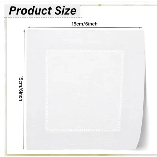 White cocktail napkin set, 15cm by 15cm, plain with decorative stitched border