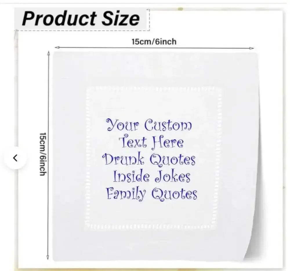 Custom white cocktail napkin with message options and size 15cm by 15cm shown