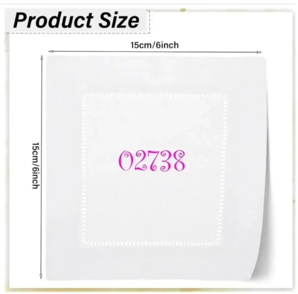 White cocktail napkin with embroidered pink custom zipcode, 15cm square, personalized gift