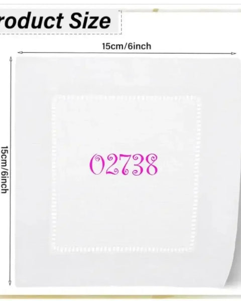 White cocktail napkin with embroidered pink custom zipcode, 15cm square, personalized gift