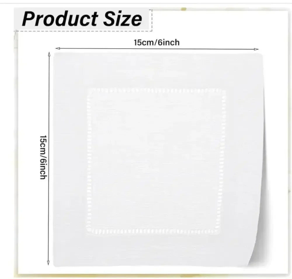 White cocktail napkin with decorative border, 15cm x 15cm, product size display.