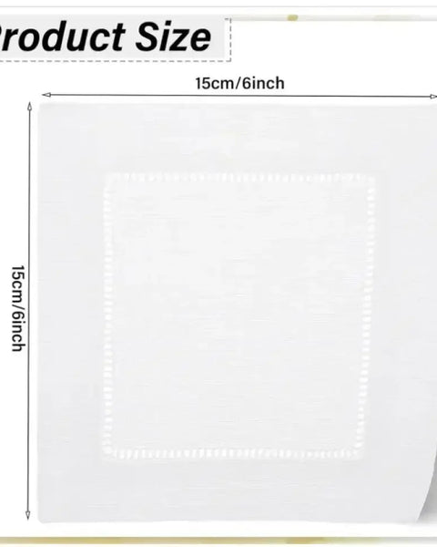 White cocktail napkin with decorative border, 15cm x 15cm, product size display.