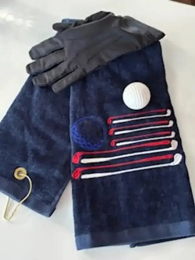 Navy golf towel with USA flag embroidery, golf glove, and ball, perfect personalized gift