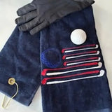 Navy golf towel with USA flag embroidery, golf glove, and ball, perfect personalized gift