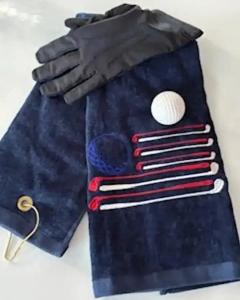 Navy golf towel with USA flag embroidery, golf glove, and ball, perfect personalized gift