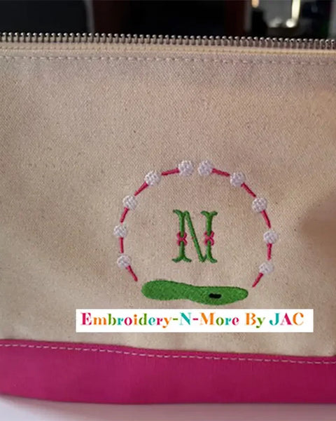 Canvas golf-themed makeup bag with pink trim, personalized embroidered monogram N